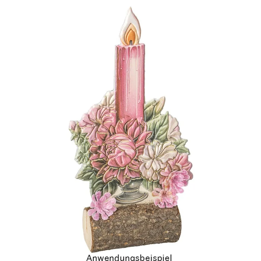 3-D Relief-Sticker, Kerzen mit Blumen 2, Folienveredelung Hellgold, versch. Größen, selbstklebend