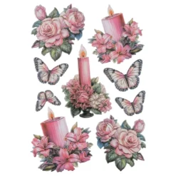 3-D Relief-Sticker, Kerzen mit Blumen 2, Folienveredelung Hellgold, versch. Größen, selbstklebend