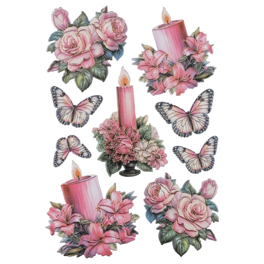 3-D Relief-Sticker, Kerzen mit Blumen 2, Folienveredelung Hellgold, versch. Größen, selbstklebend