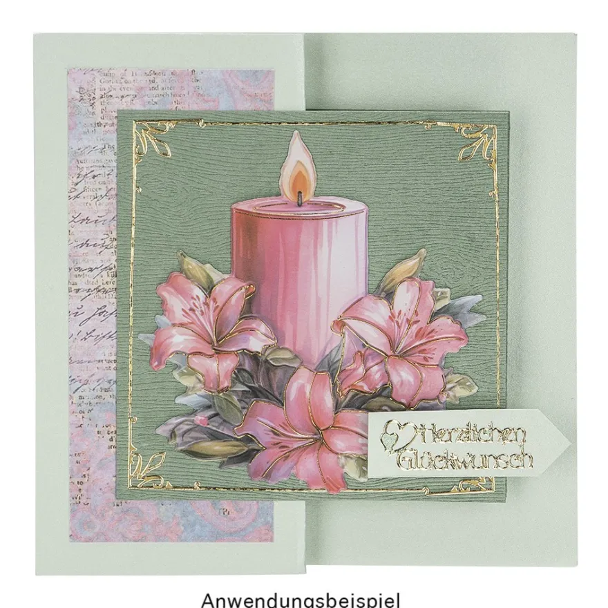 3-D Relief-Sticker, Kerzen mit Blumen 2, Folienveredelung Hellgold, versch. Größen, selbstklebend