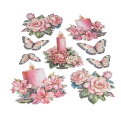 3-D Relief-Sticker, Kerzen mit Blumen 2, Folienveredelung Hellgold, versch. Größen, selbstklebend