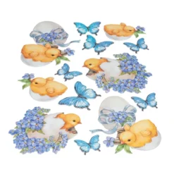 3-D Relief-Sticker, Küken mit Ei & blauen Blumen, versch. Größen, selbstklebend