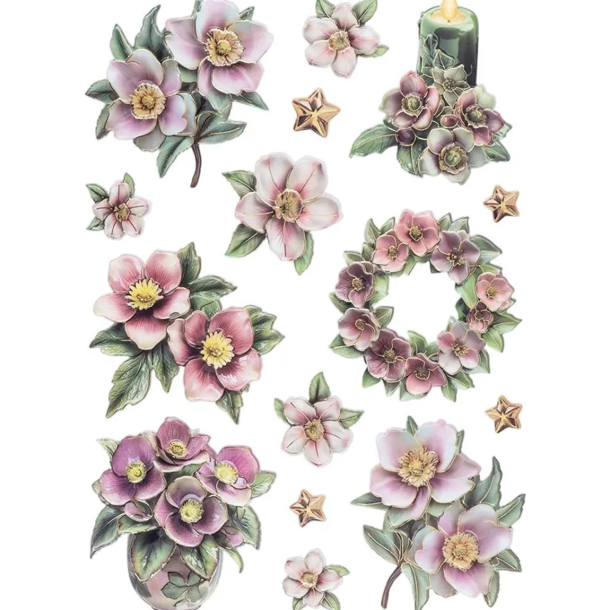 3-D Relief-Sticker, Porzellan-Optik, Weihnachtsfloristik & Schneemänner, versch. Größen, 5 Bogen