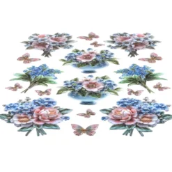 3-D Relief-Sticker, Porzellan-Optik, Blumen in Vasen, versch. Größen, 5 Bogen