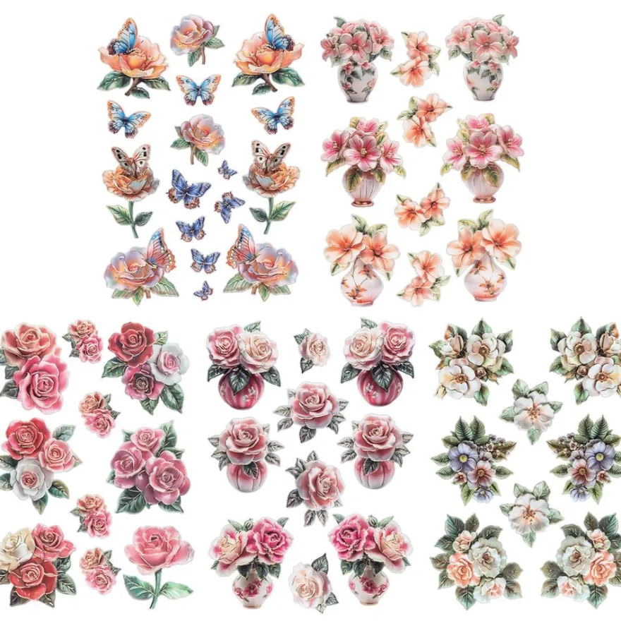3-D Relief-Sticker, Porzellan-Optik, Sommerblumen, versch. Größen, 5 Bogen