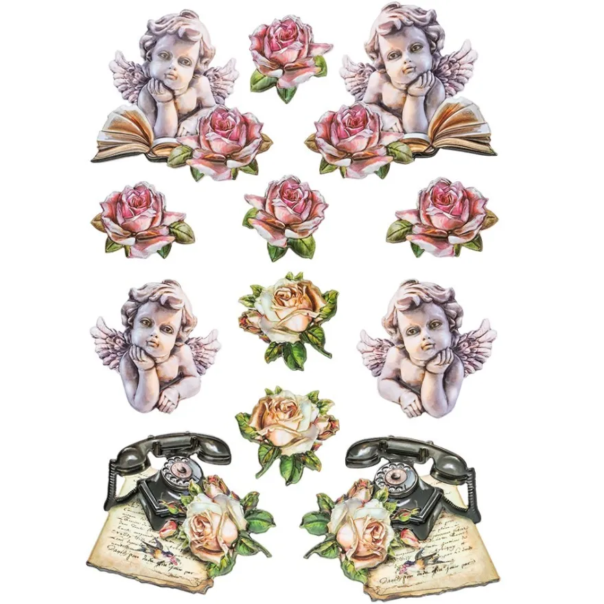 3-D Relief-Sticker, Vintage-Rosengrüße 5, verschiedene Größen, selbstklebend