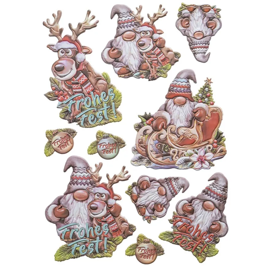 3-D Relief-Sticker, Wichtel mit Rentier Rudolph, versch. Größen, selbstklebend
