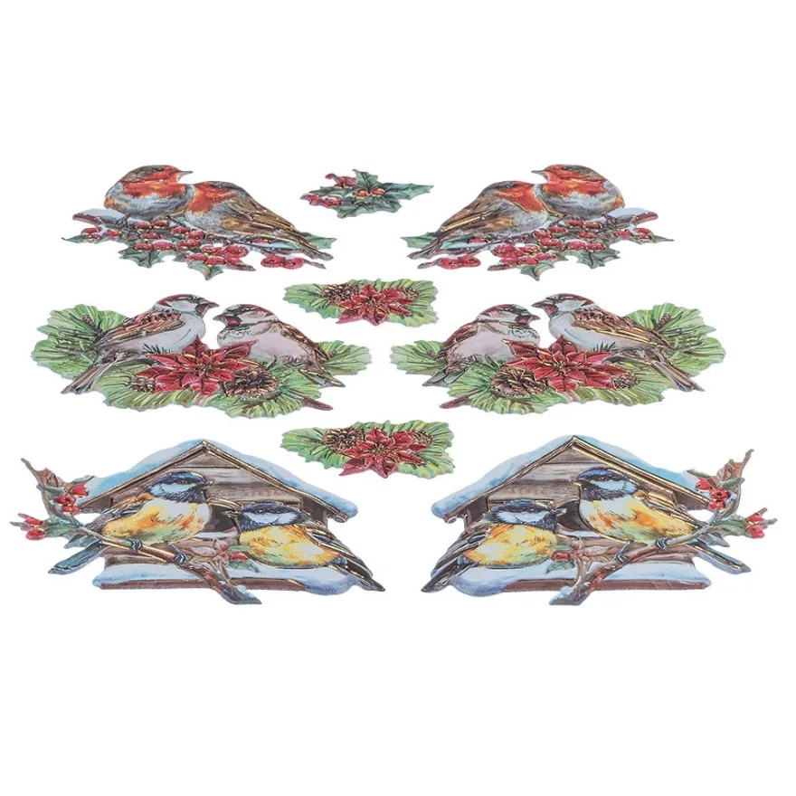 3-D Relief-Sticker, Wintervögel, Folienveredelung Hellgold, versch. Größen, selbstklebend
