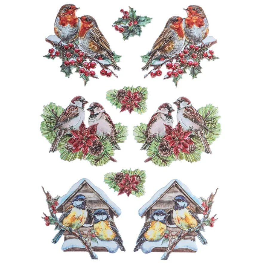 3-D Relief-Sticker, Wintervögel, Folienveredelung Hellgold, versch. Größen, selbstklebend