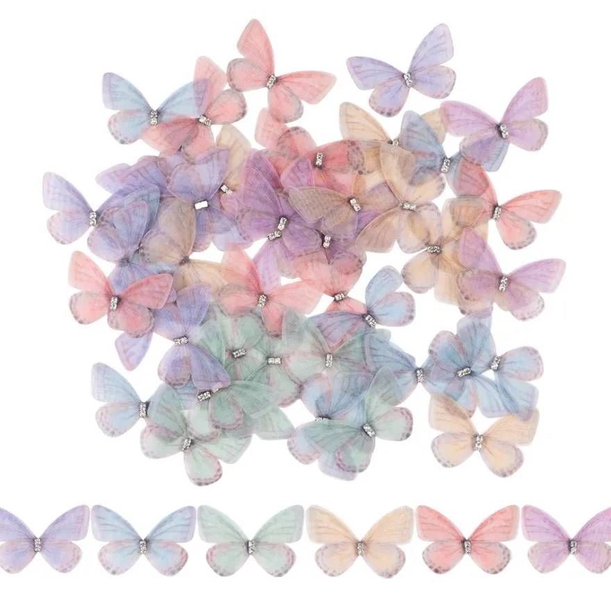 3-D Schmetterlinge aus zartem Gewebe, 4,9cm x 3,3cm, 6 Farben, klare Strass-Steine, 50 Stück