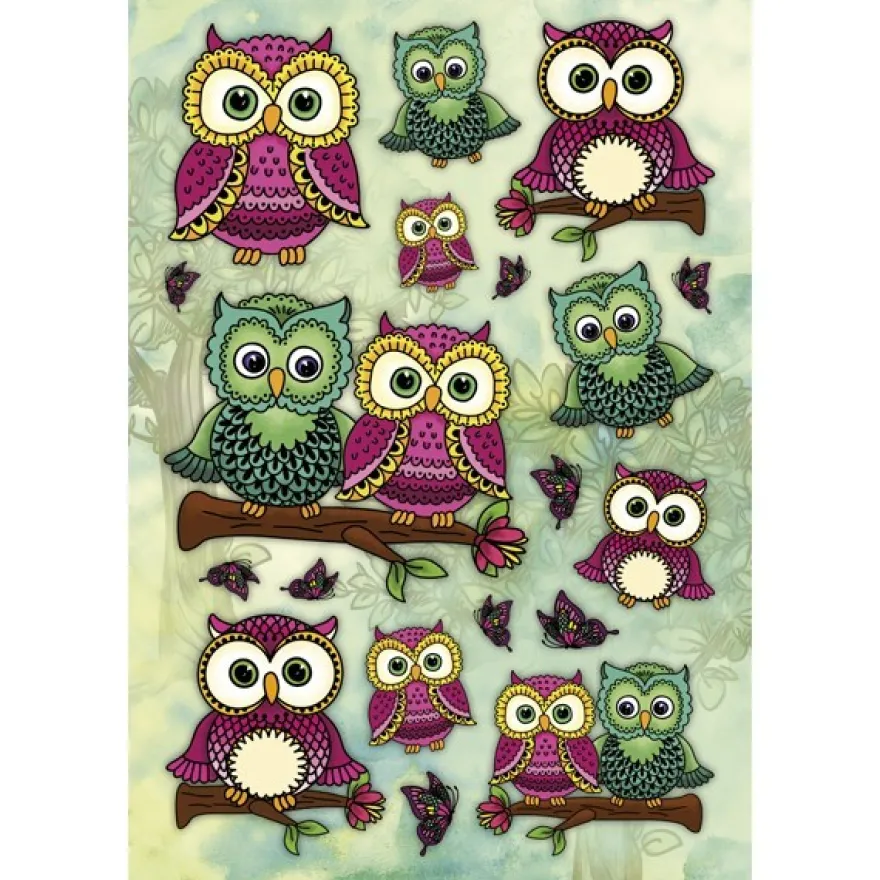 3-D Stickerbogen, Eulen auf Ästen 2, 12,5 x 18,5 cm