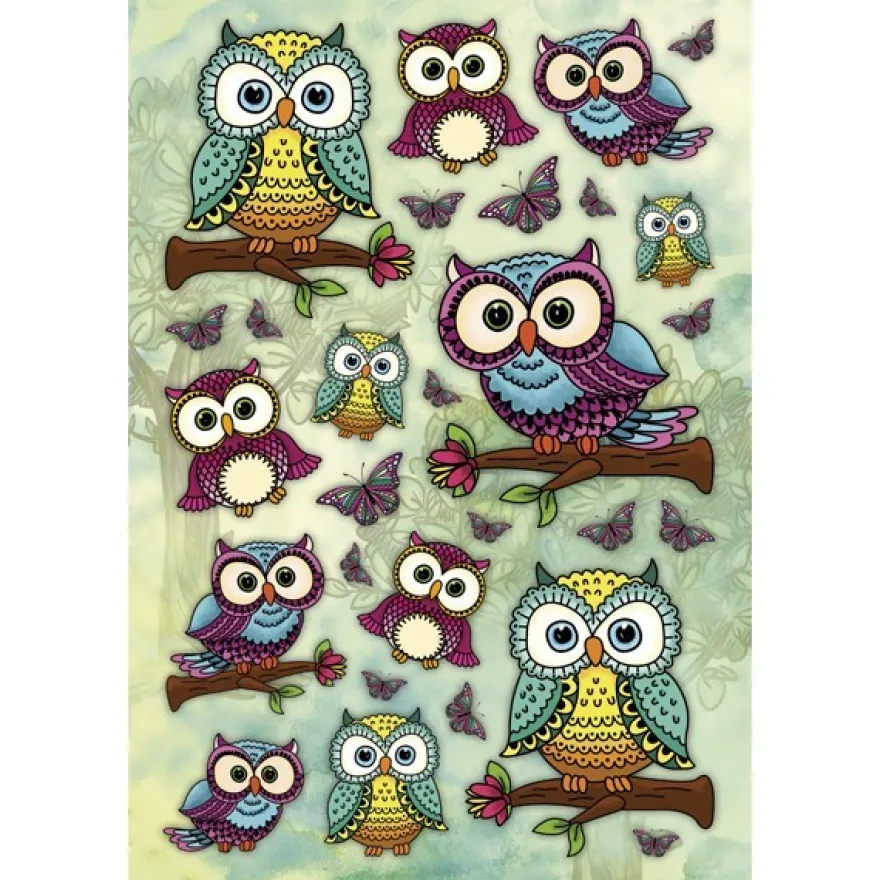 3-D Stickerbogen, Eulen auf Ästen 4, 12,5 x 18,5 cm
