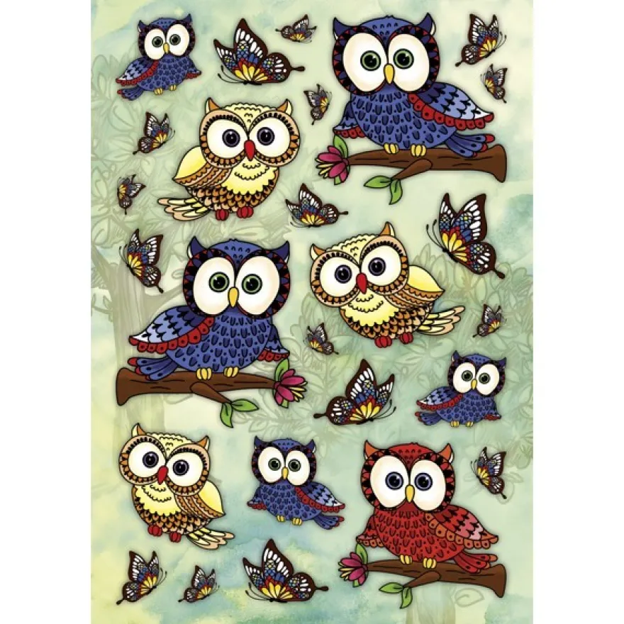 3-D Stickerbogen, Eulen auf Ästen 5, 12,5 x 18,5 cm