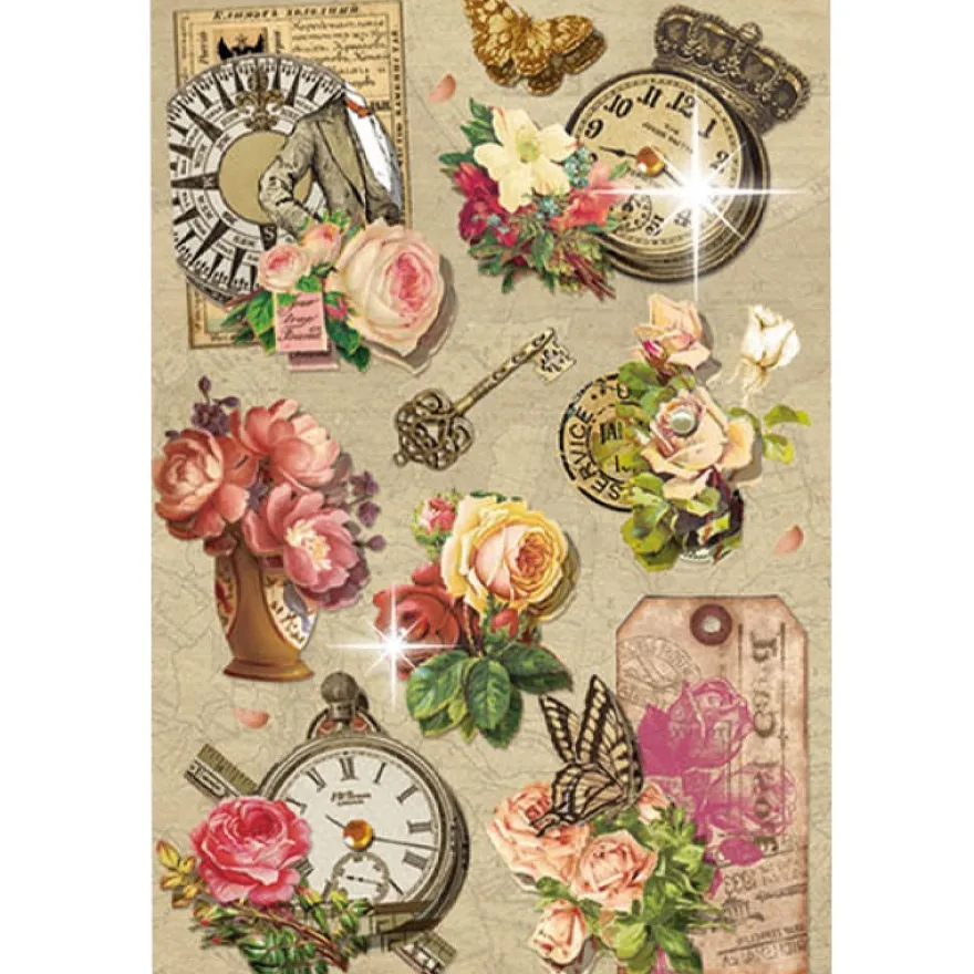 3-D Stickerbogen, Vintage-Uhren 4, 12,7 x 18,8 cm