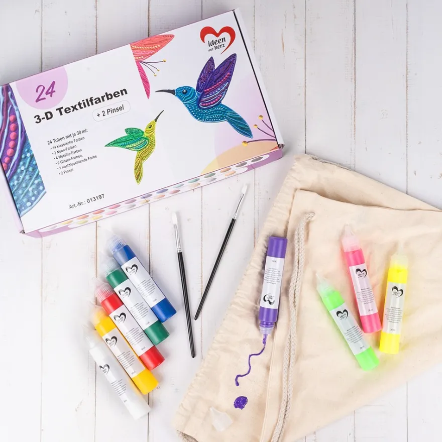 3-D Textilfarbe, 24 Tuben mit je 30ml, verschiedene Farben, inkl. 2 Pinsel