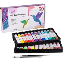 3-D Textilfarbe, 24 Tuben mit je 30ml, verschiedene Farben, inkl. 2 Pinsel