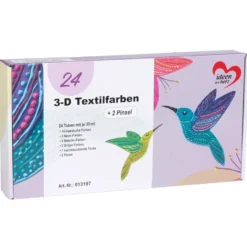 3-D Textilfarbe, 24 Tuben mit je 30ml, verschiedene Farben, inkl. 2 Pinsel