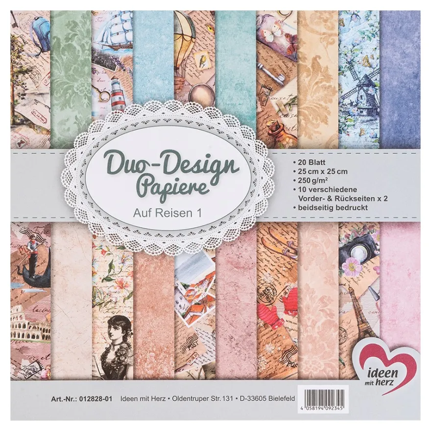 Duo-Design-Papiere, Auf Reisen 1, beidseitig bedruckt, 25cm x 25cm, 250g/m², 20 Blatt