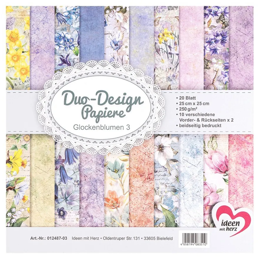 Duo-Design-Papiere, Glockenblumen 3, beidseitig bedruckt, 25cm x 25cm, 250g/m², 20 Blatt