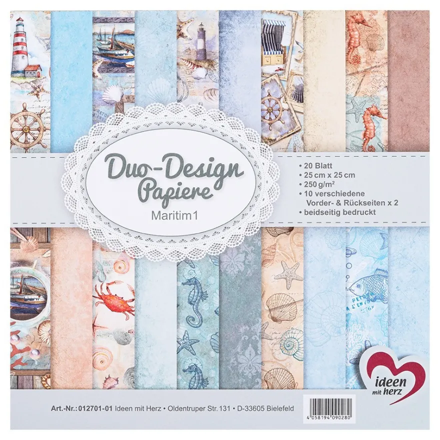 Duo-Design-Papiere, Maritim 1, beidseitig bedruckt, 25cm x 25cm, 250g/m², 20 Blatt