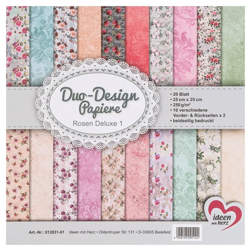 Duo-Design-Papiere, Rosen Deluxe 1, beidseitig bedruckt, 25cm x 25cm, 250g/m², 20 Blatt