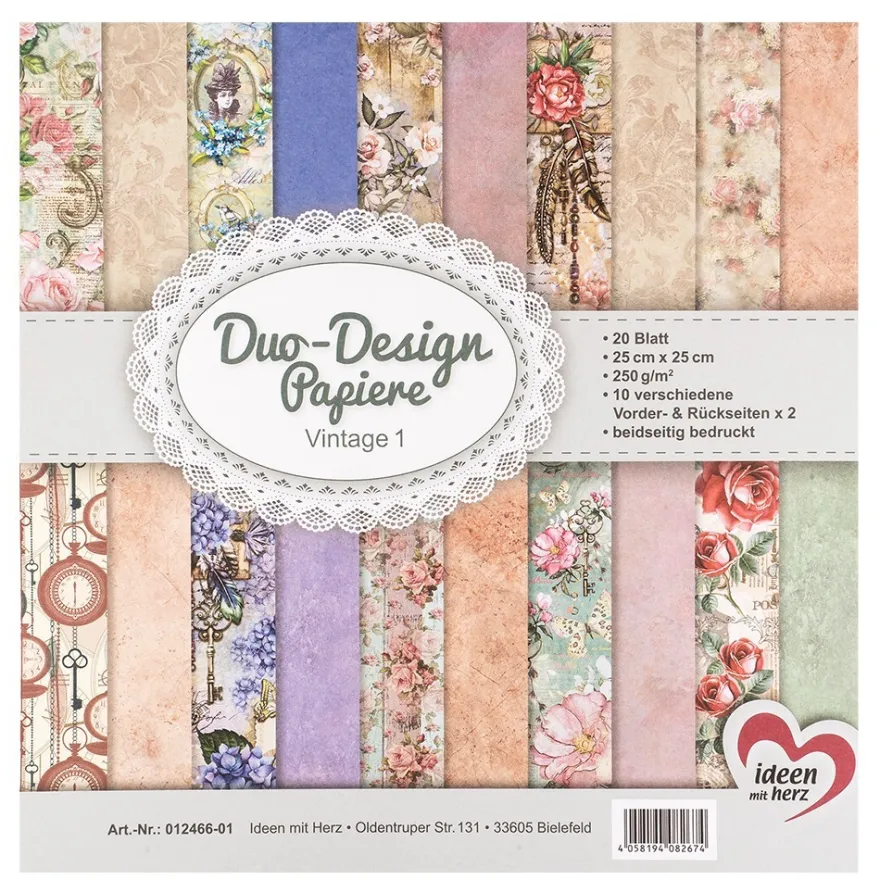 Duo-Design-Papiere, Vintage 1, beidseitig bedruckt, 25cm x 25cm, 250g/m², 20 Blatt