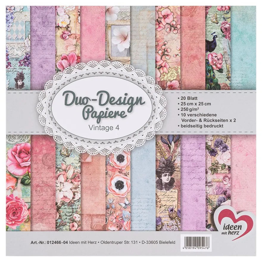 Duo-Design-Papiere, Vintage 4, beidseitig bedruckt, 25cm x 25cm, 250g/m², 20 Blatt