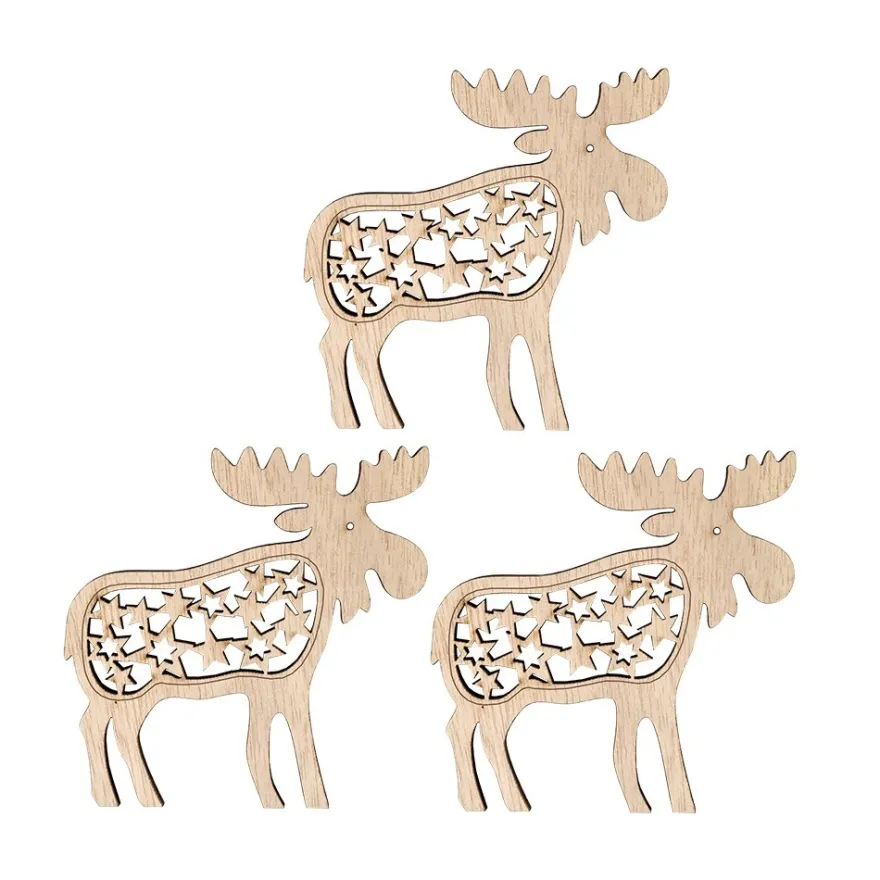 Elche, Holz, 9cm x 9cm, 3mm stark, mit gelaserten Deko-Elementen, 3 Stück