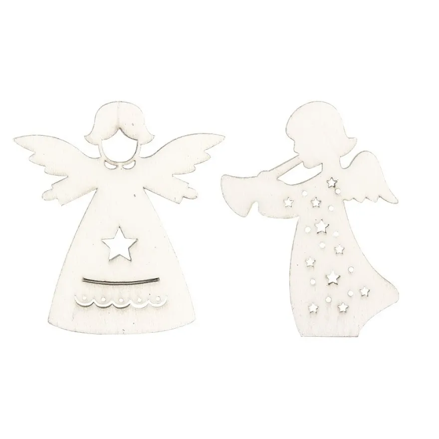 Engel aus Holz, weiß, 2 Designs, 5,5cm x 6,1cm x 0,3cm & 5cm x 6,5cm x 0,3cm, 24 Stück