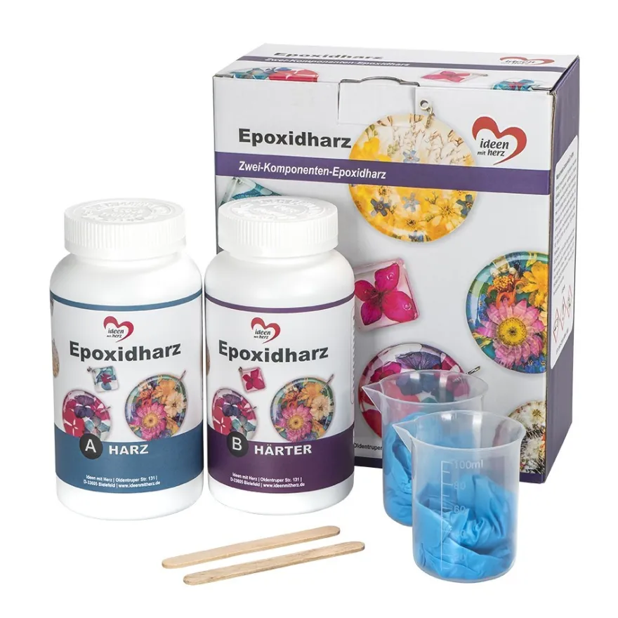 Epoxidharz, 500ml Harz, 500ml Härter, inkl. 1 Paar Einweghandschuhe, 2 Holzspatel und 2 Messbecher