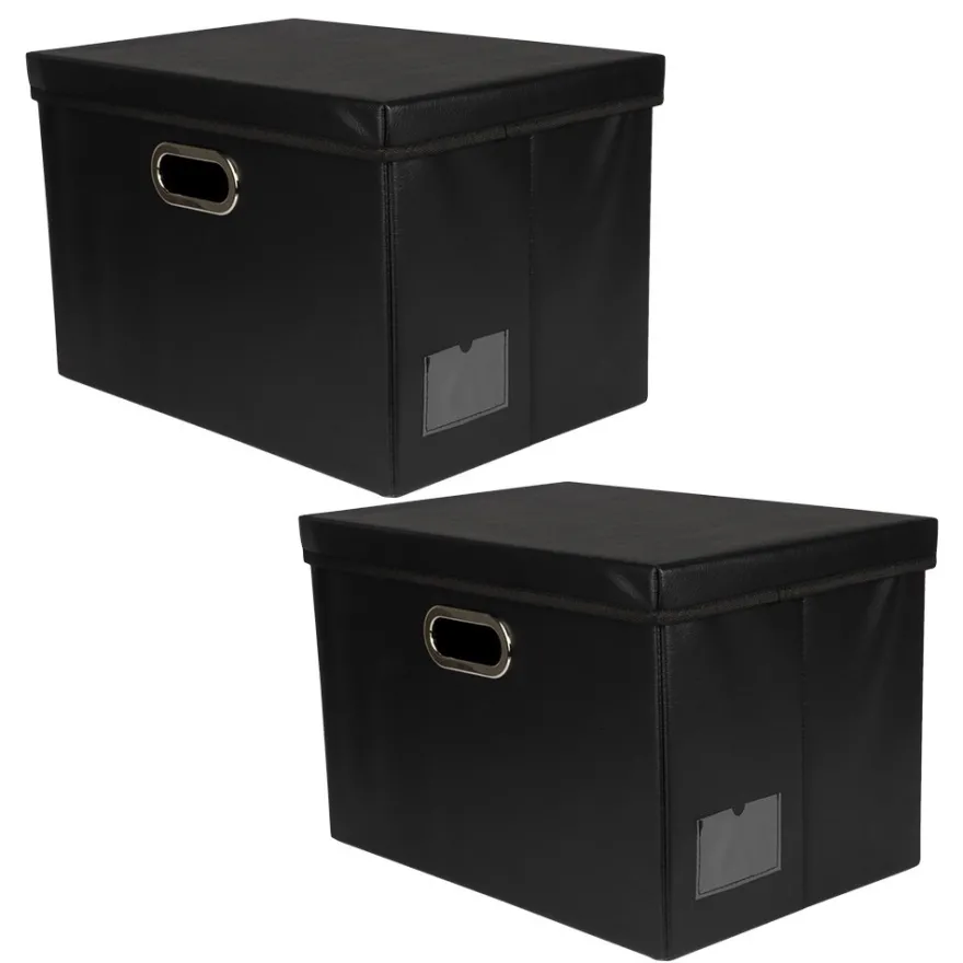 Faltbare Aufbewahrungsboxen mit Deckel, schwarz, Lederoptik, 42cm x 30cm x 29cm, 2 Stück