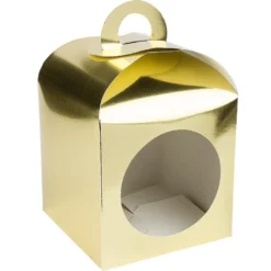 Faltboxen mit Kreis-Ausstanzung, geklebt, 11,5cm x 11,5cm x 11,5cm, Spiegelkarton, gold, 10 Stück