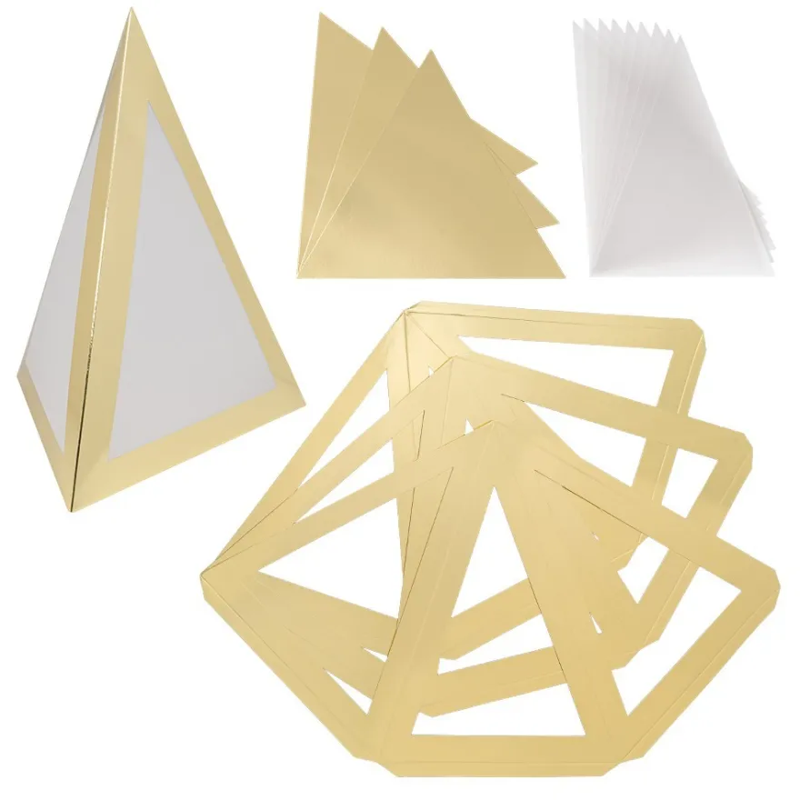 Falt-Laternen, Pyramide, 280g/m², 27,5cm x 18,5cm x 21cm, gold, 3 Stück