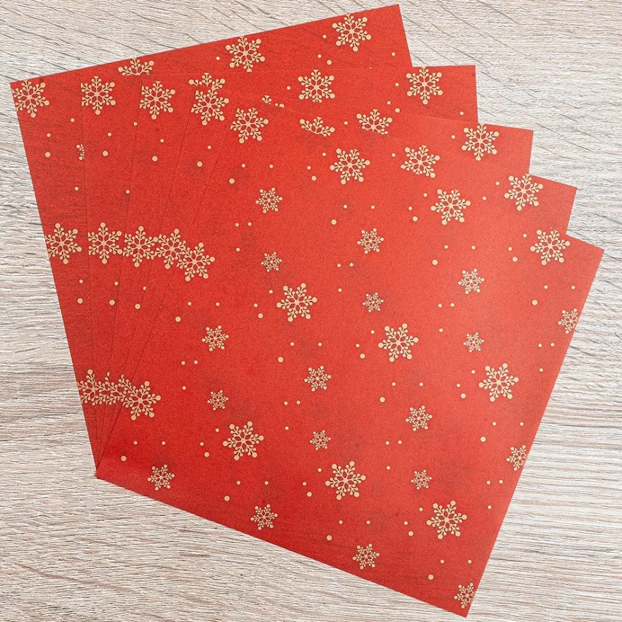 Faltpapiere, transparent, Eiskristalle, 15cm x 15cm, 110 g/m², rot/gold, 100 Stück
