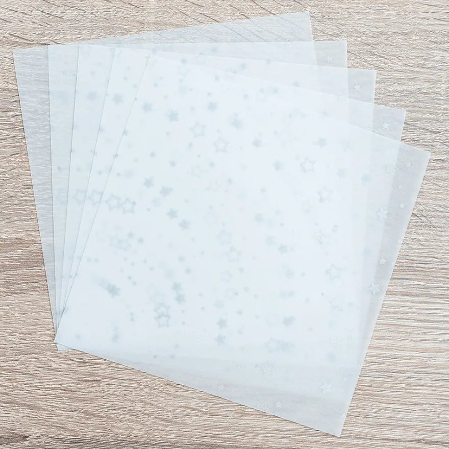 Faltpapiere, transparent, Sterne, 15cm x 15cm, 110 g/m², weiß/silber, 100 Stück