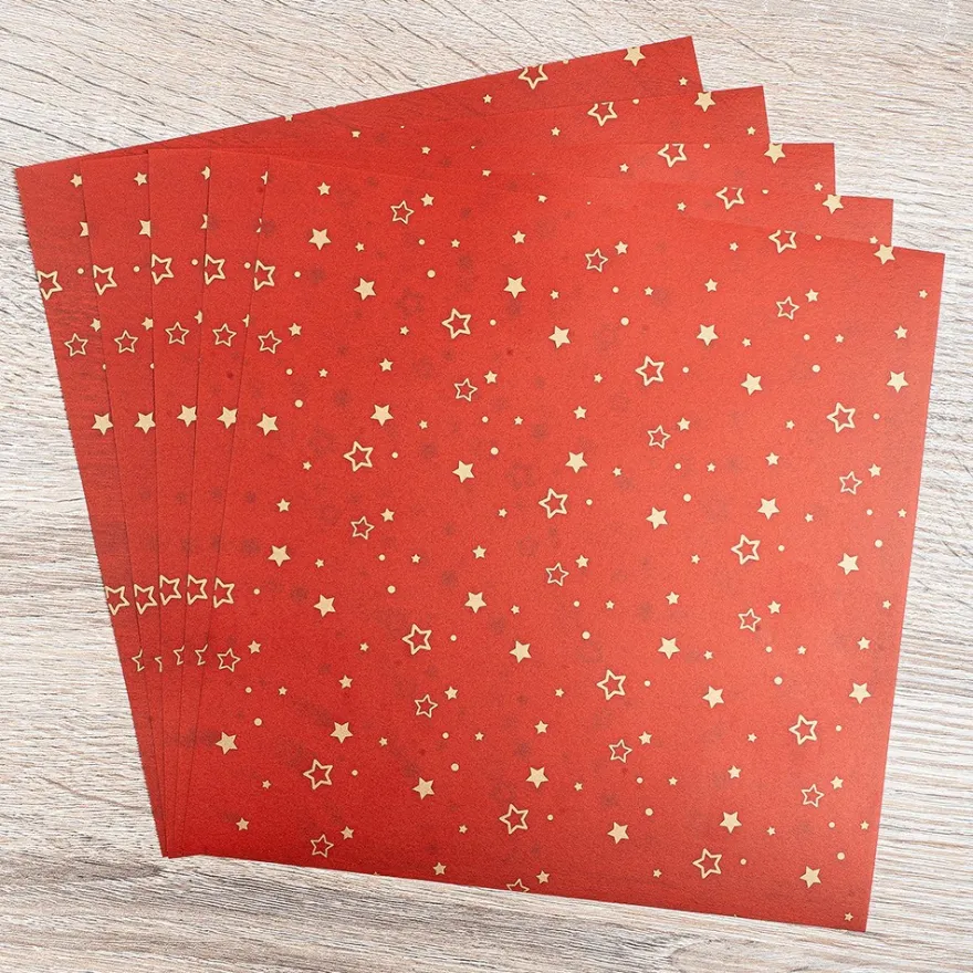 Faltpapiere, transparent, Sterne, 20cm x 20cm, 110 g/m², rot/gold, 100 Stück