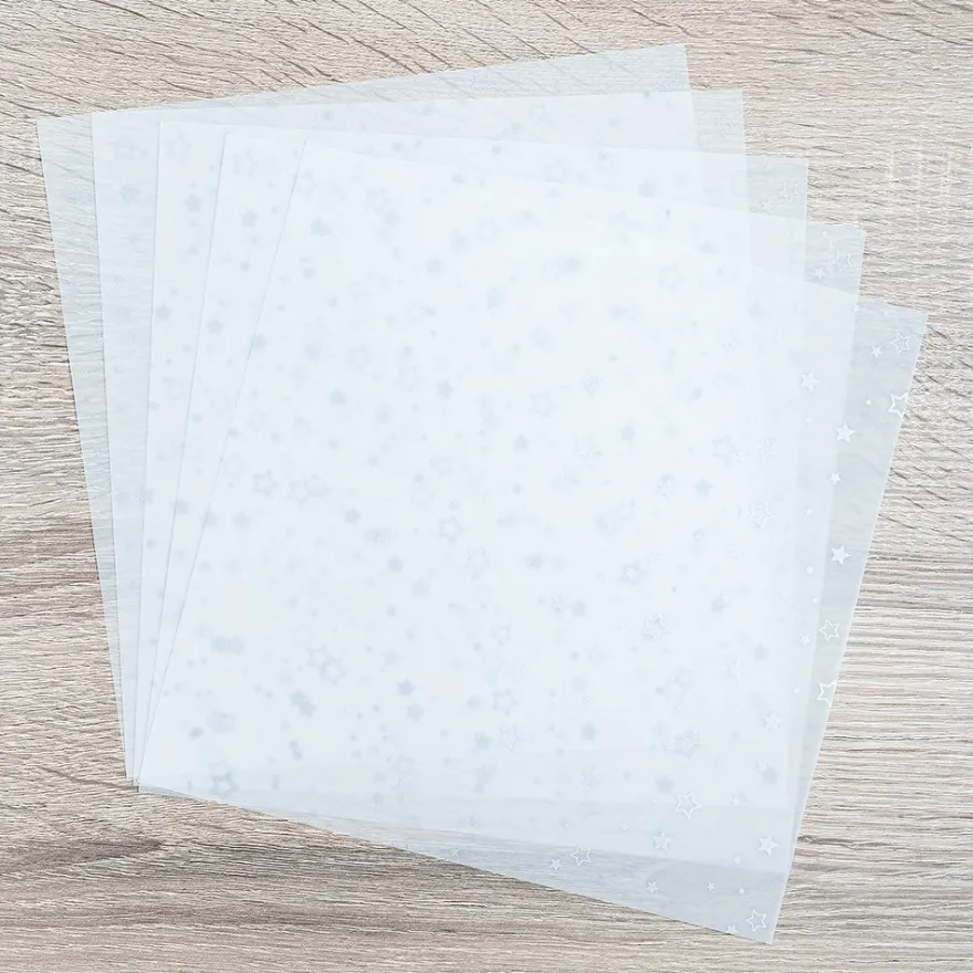 Faltpapiere, transparent, Sterne, 20cm x 20cm, 110 g/m², weiß/silber, 100 Stück
