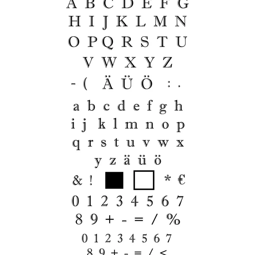 Feinkontur-Stempel, einzelne Motive auf Trägerfolie, Alphabet