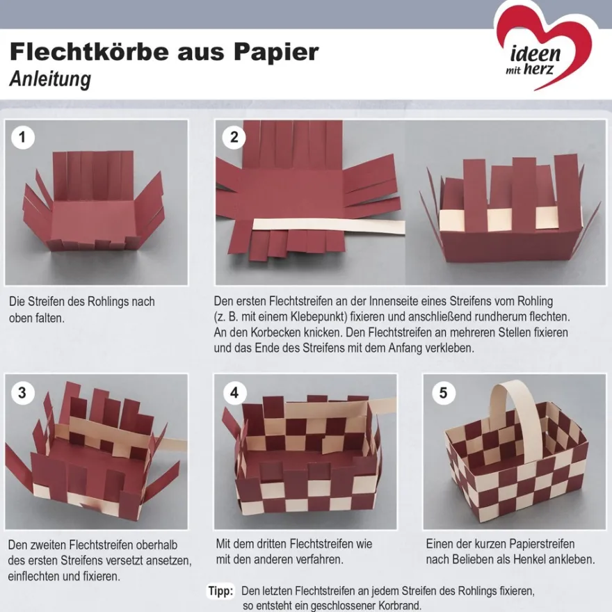 Flechtkörbe aus Papier, zum Selberflechten, 12cm x 8cm x 6,5cm, kräftige Farbtöne, 10 Stück