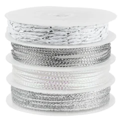 Geschenkband Mix, 1mm bis 5mm breit, versch. Designs, silber/weiß, 4 Rollen