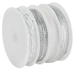 Geschenkband Mix, 1mm bis 5mm breit, versch. Designs, silber/weiß, 4 Rollen