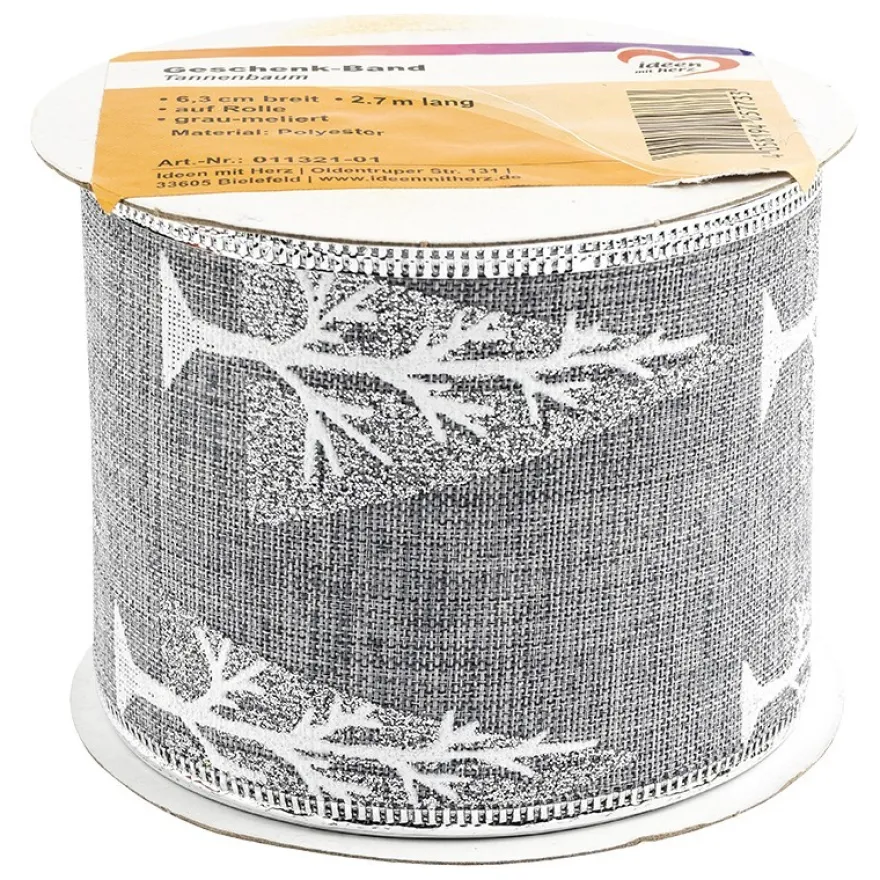 Geschenk-Band, Tannenbaum, 6,3cm breit, 2,7m lang, grau-meliert