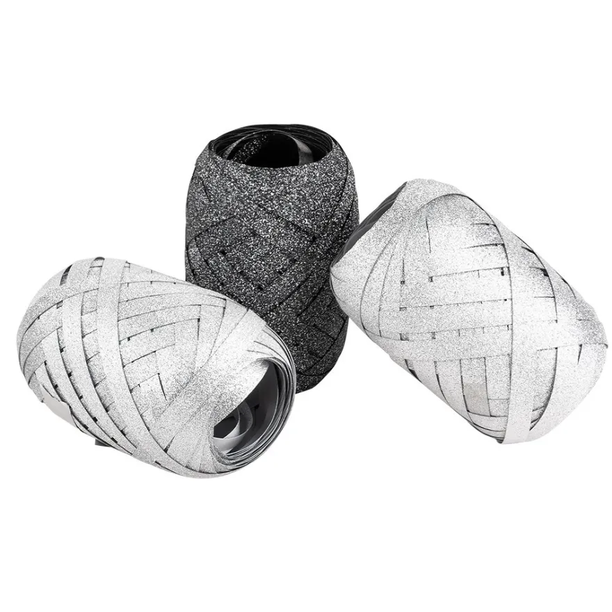 Geschenkbänder, 5mm, je 10m lang, 2x silber- & 1x anthrazit-diamantiert, 3 Stück