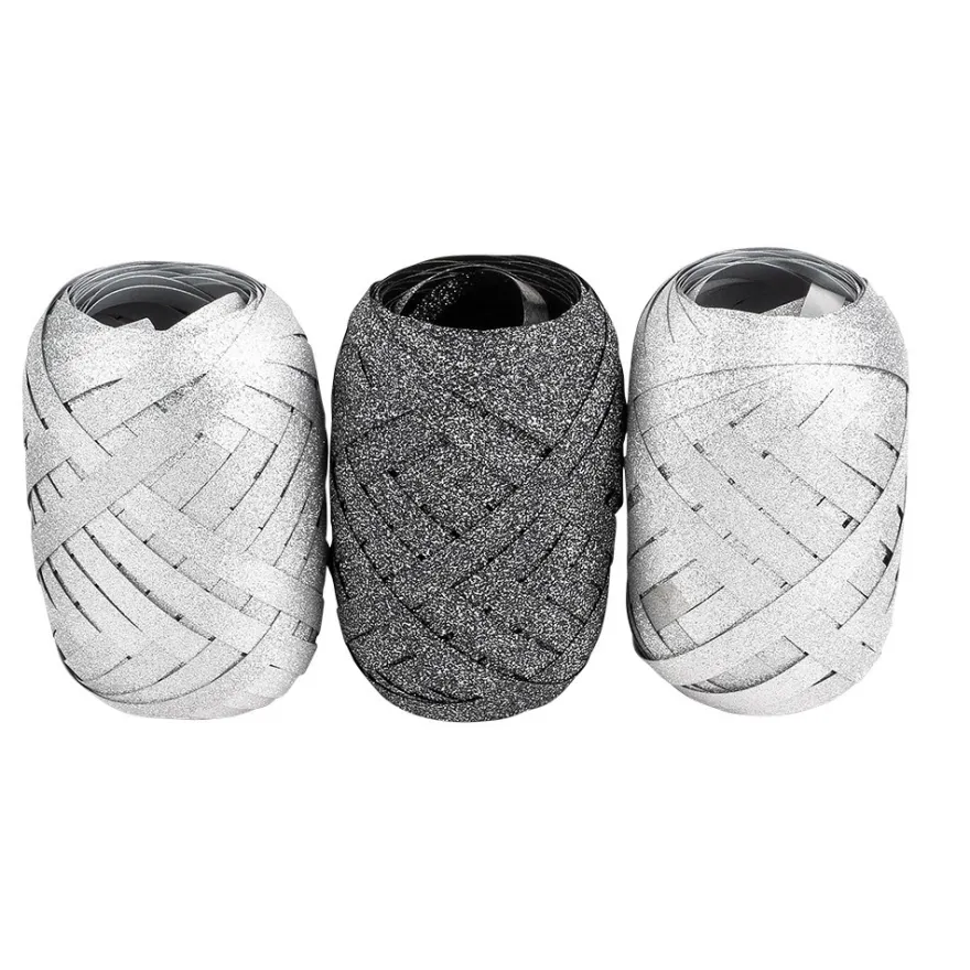 Geschenkbänder, 5mm, je 10m lang, 2x silber- & 1x anthrazit-diamantiert, 3 Stück