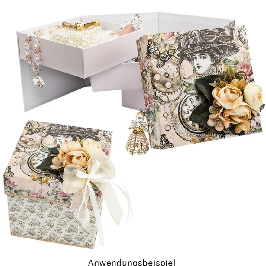 Geschenkbox, 13cm x 13cm x 12cm, mit 3 Innenfächern, seitlich aufklappbar