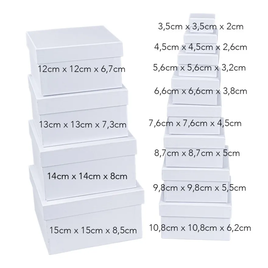 Geschenkboxen, quadratisch, 12 verschiedene Größen, weiß, 12 Stück