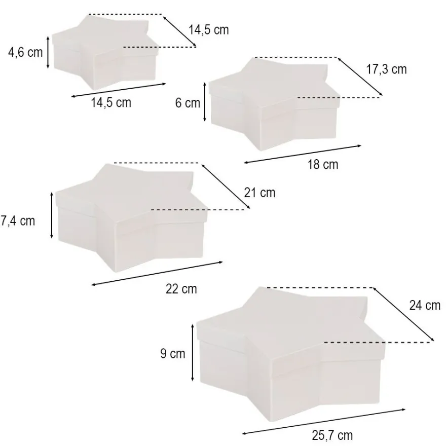 Geschenkboxen, Stern, 4 versch. Größen, mit Deckel, weiß, 4 Stück