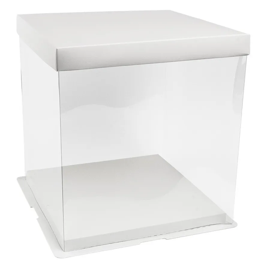 Geschenk-Box, transparent, Boden & Deckel aus weißem Karton, 24cm x 24cm x 24cm