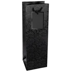 Geschenktaschen für Flaschen, 36cm x 12cm x 10cm, 230g/m², Lack-Ornamentik, matt-schwarz, 10 Stück