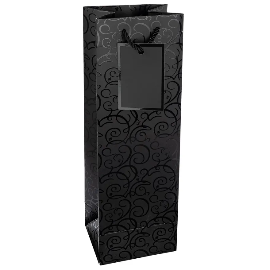 Geschenktaschen für Flaschen, 36cm x 12cm x 10cm, 230g/m², Lack-Ornamentik, matt-schwarz, 10 Stück